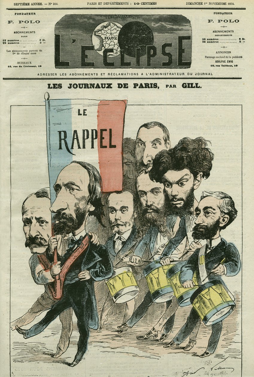 Karikatur "der Rückruf" der Republik durch die Pariser Zeitungen, mit Paul Meurice (1818-1905), Auguste Vacquerie (1819-1895), Gaulier, Blum, Lefevre, D