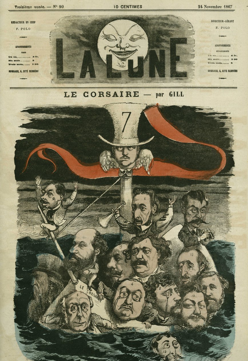 Illustration der Zeitung „Le Corsaire“ und ihrer Kolumnisten. Karikatur von Gill, in „La Lune“, 24. November von Andre Gill