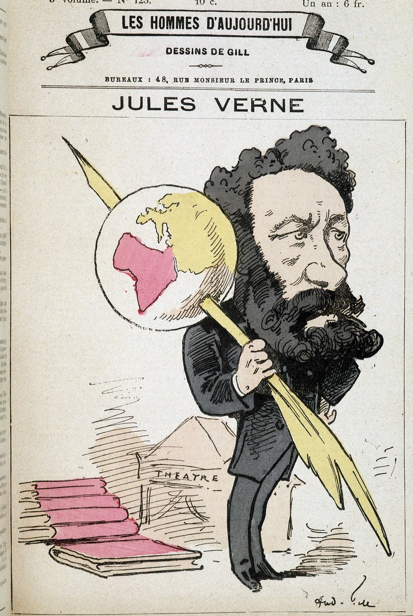 Jules Verne kneift die Erde an seinen Stift - von Gill, in „Die Männer von heute“ von Andre Gill