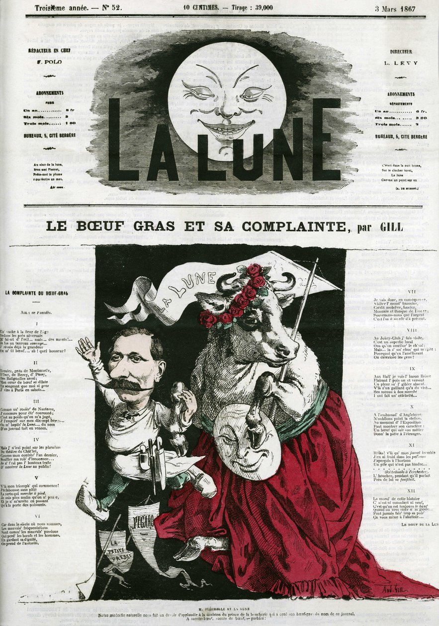 Le Boeuf gras et sa lamentte, Illustration eines Liedes. Karikatur von Gill, in „La Lune“, 3. März von Andre Gill