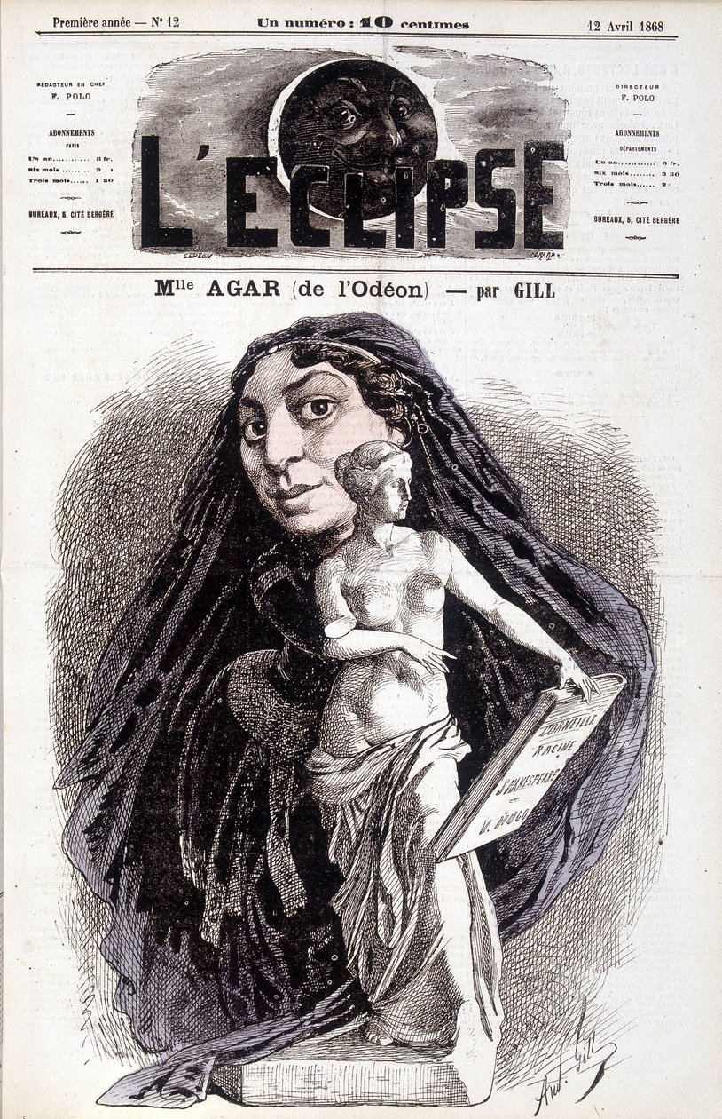 Mademoiselle Agar (vom Odéon) Schauspielerin an der Französischen Akademie. Zeichnung von Gill in der Eclipse von Andre Gill