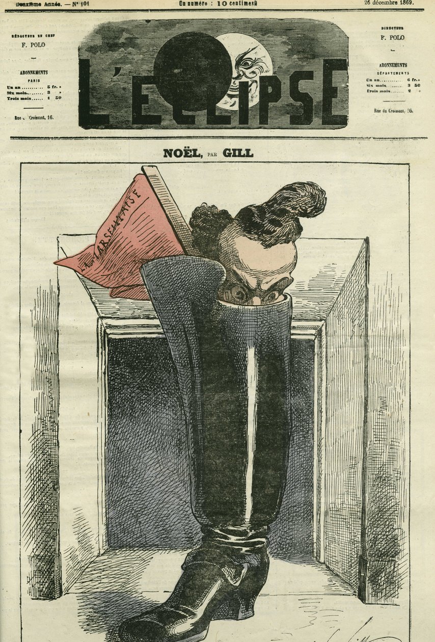 Noël, Gill ist in einem Stiefel am Fuß des Kamins mit der Marseillaise. Titelblatt in „L