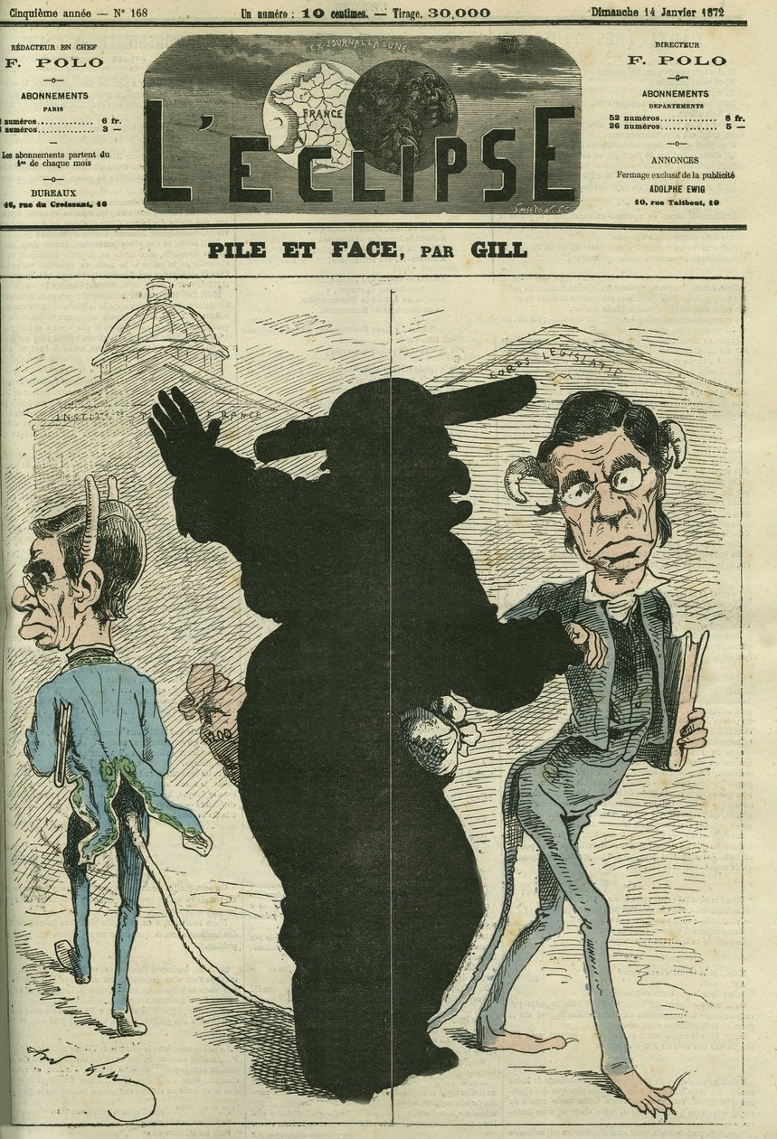 Auf der einen Seite das Institut de France, auf der anderen die Abgeordnetenkammer, in der Mitte die Kirche. Titelblatt in „L