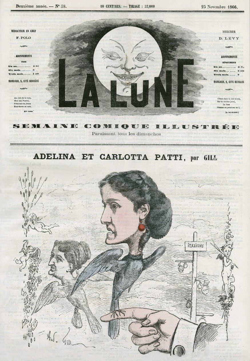 Porträt von Adelina (1843-1919) und Carlotta Patti (1835-1889), italienische Opernsängerinnen. Karikatur von Gill, in „The Moon“, 25. November von Andre Gill