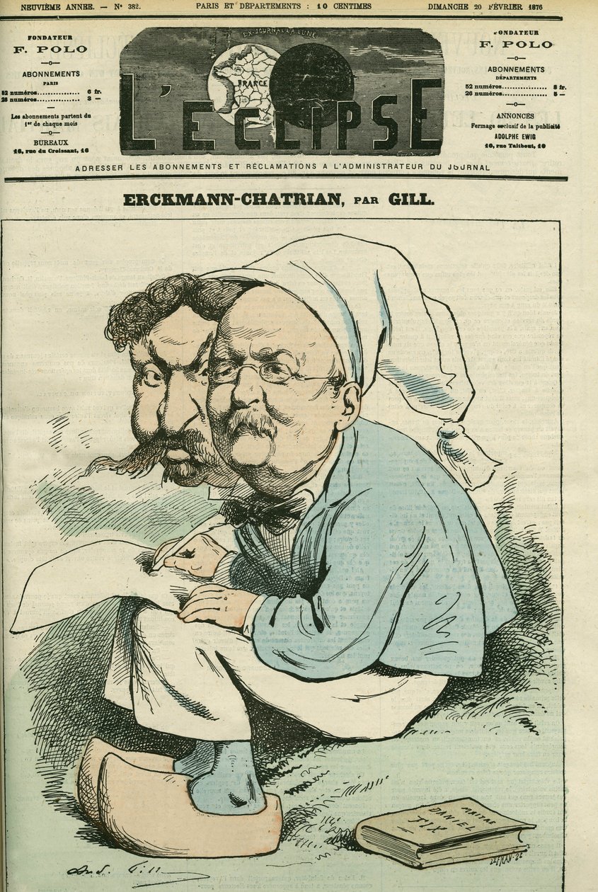 Porträt von Alexandre Chatrian (1826-1890) und Emile Erckmann (1822-1899), bekannt als Erckmann-Chatrian, Duo französischer Romanautoren. Titelblatt in "L
