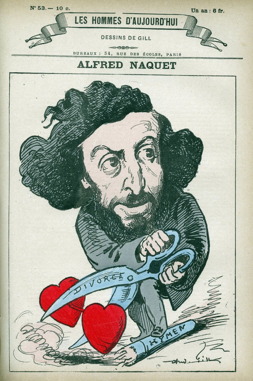Porträt von Alfred Naquet (1834-1916), ein französischer Arzt, Chemiker und Politiker, er stellte das Gesetz zur Wiederzulassung der Scheidung im Jahr 1884 wieder her. Karikatur von Gill, Paris. von Andre Gill