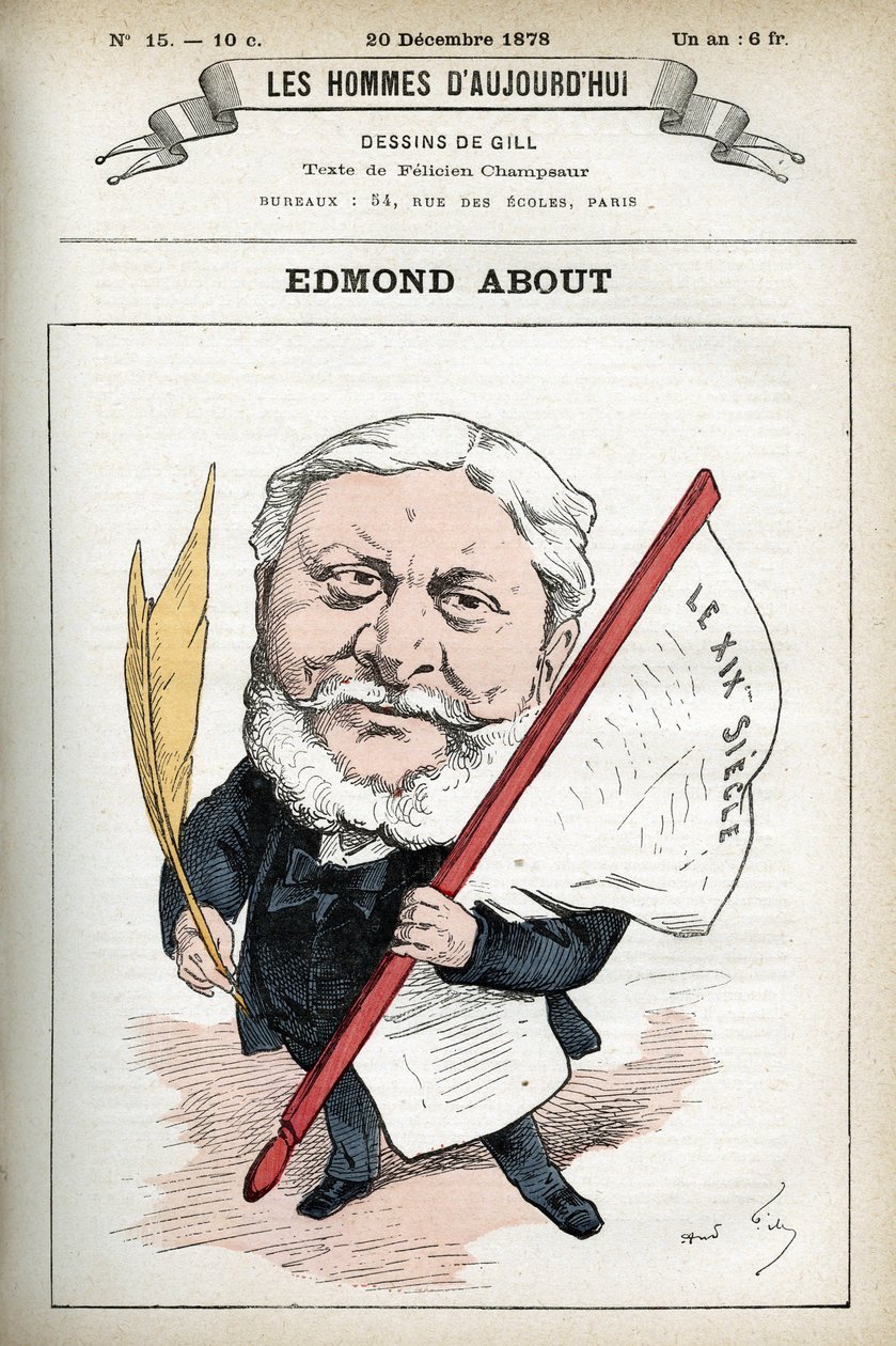 Porträt von Edmond About (1828-1885), französischer Romanautor, Dramatiker und Kunstkritiker. Karikatur von Gill, Paris. von Andre Gill