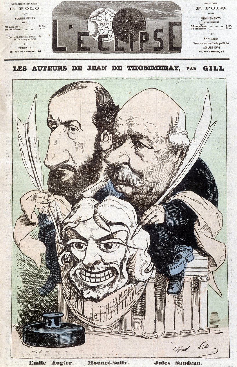 Porträt von Émile Augier und Jules Sandeau, Autoren des Stücks „Jean de Pommeray“, halten eine Maske, die das Gesicht des Komikers Mounet-Sully darstellt von Andre Gill