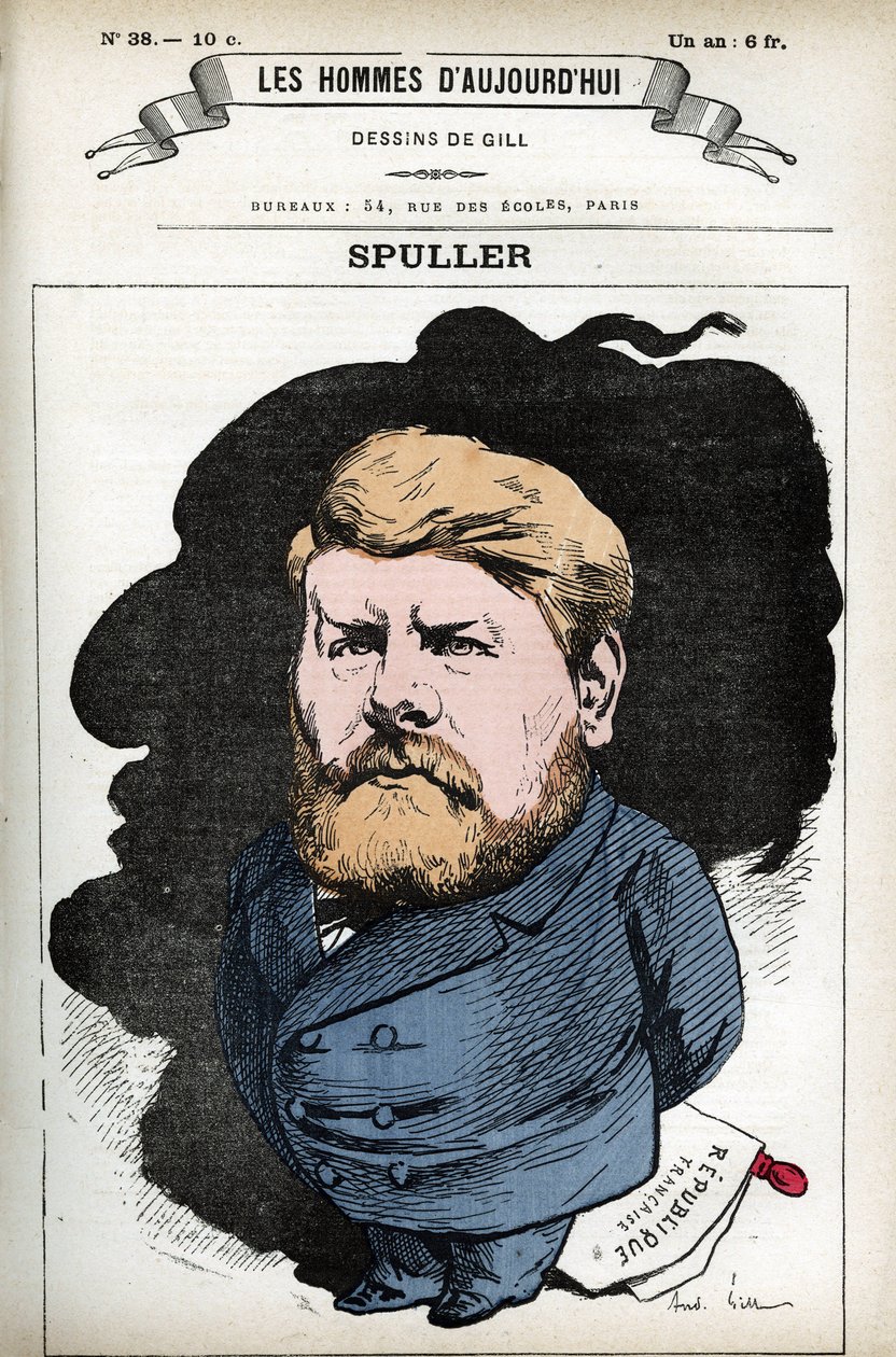 Porträt von Eugene Spuller (1835-1896), französischer Politiker und Anwalt. Karikatur von Gill, in "Les Homme d