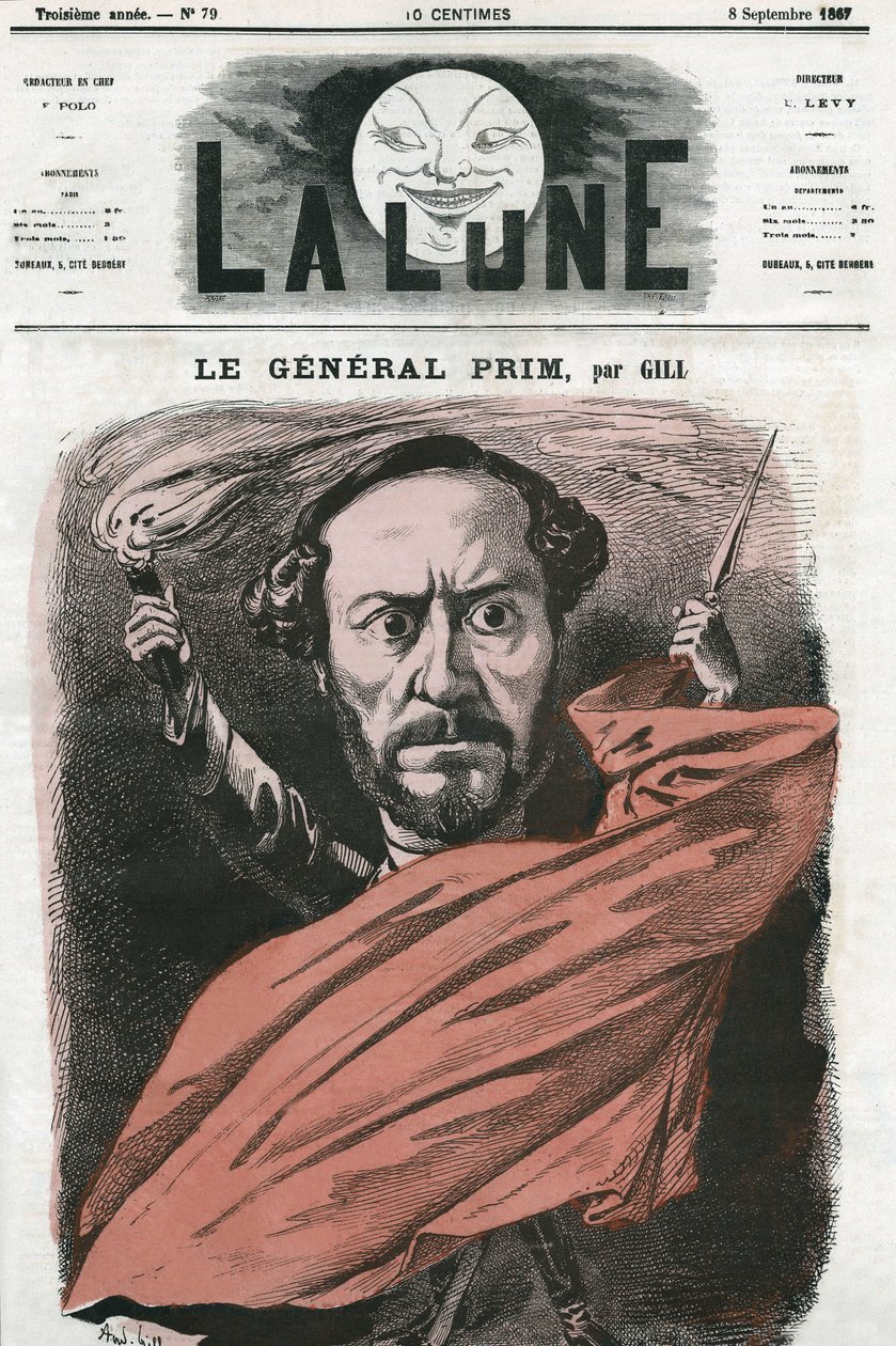 Porträt von General Juan Prim (1814-1870), spanischer Militär und Politiker. Karikatur von Gill, in „The Moon“, 8. September von Andre Gill