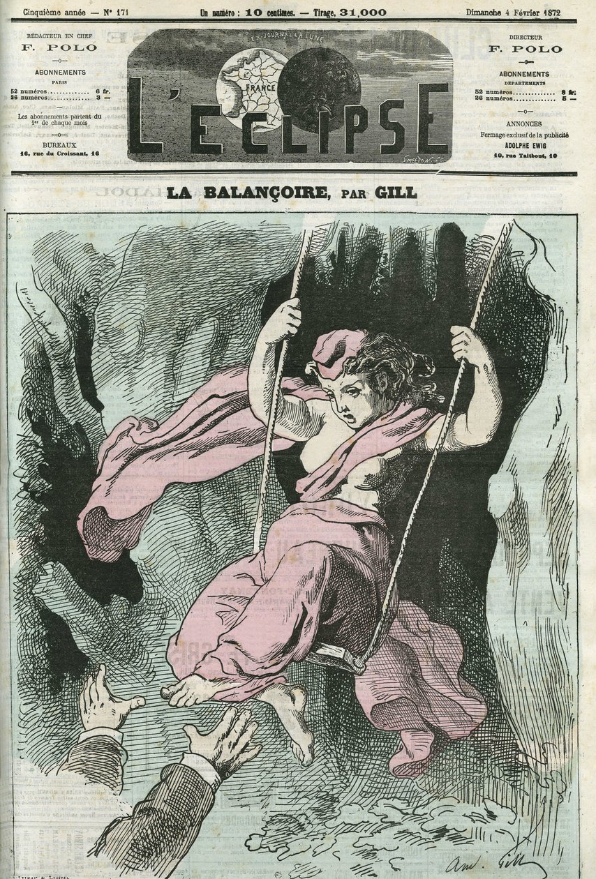 Die Schaukel, Arme strecken sich zur Republik auf ihrer Schaukel. Titelbild in „L