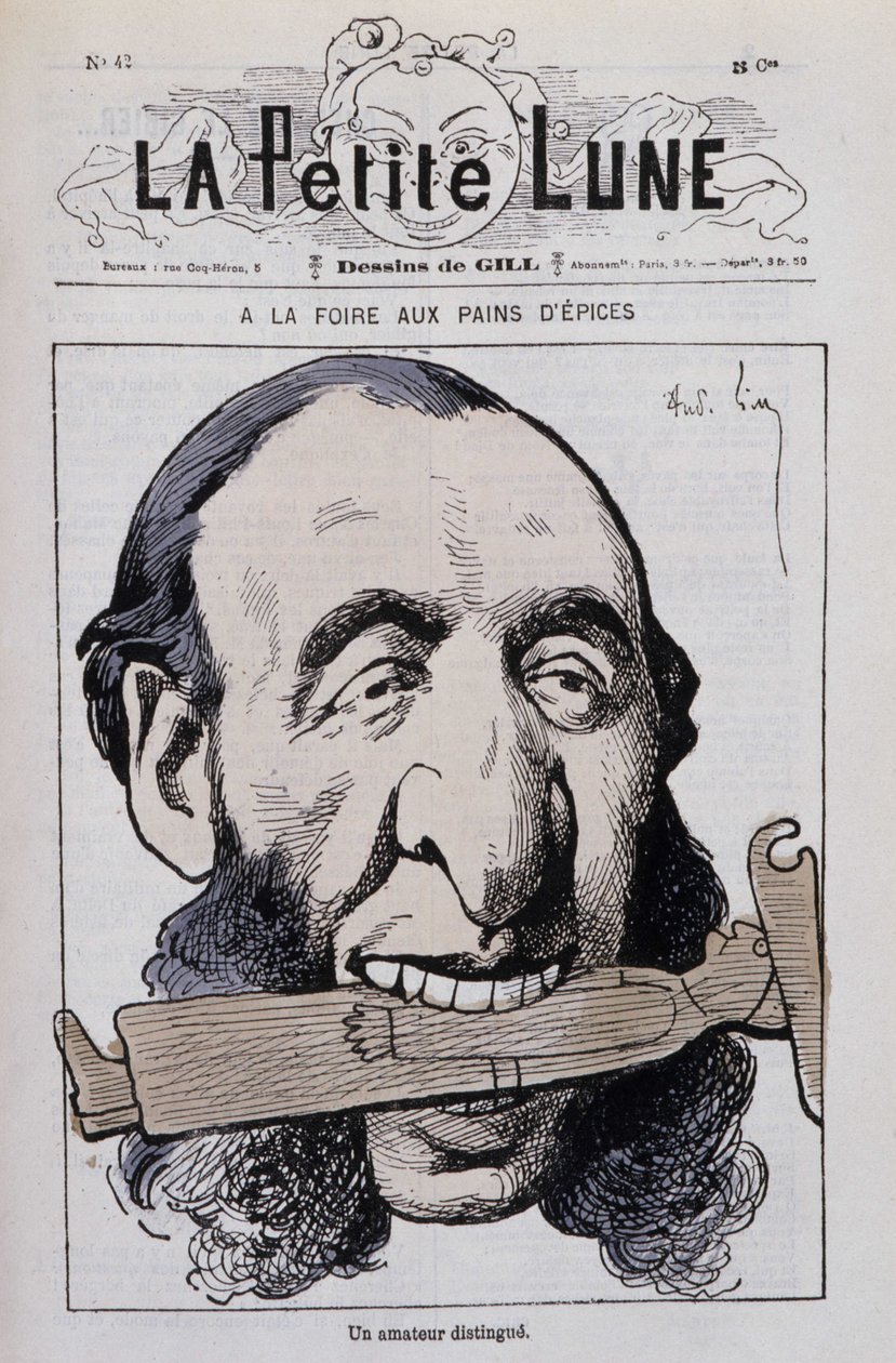 Der Lebkuchenmarkt, ein distinguierter Amateur: Karikatur von Jules Ferry antiklerikal - in „Der kleine Mond“ von Andre Gill