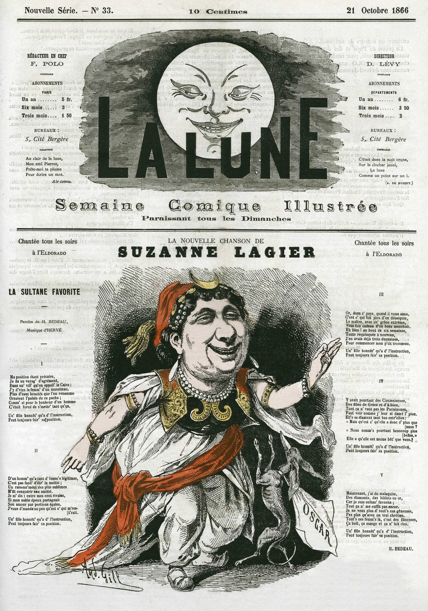 Das neue Lied von Suzanne Lagier, Sängerin im Eldorado. Karikatur von Gill in „Der Mond“, 21. Oktober von Andre Gill
