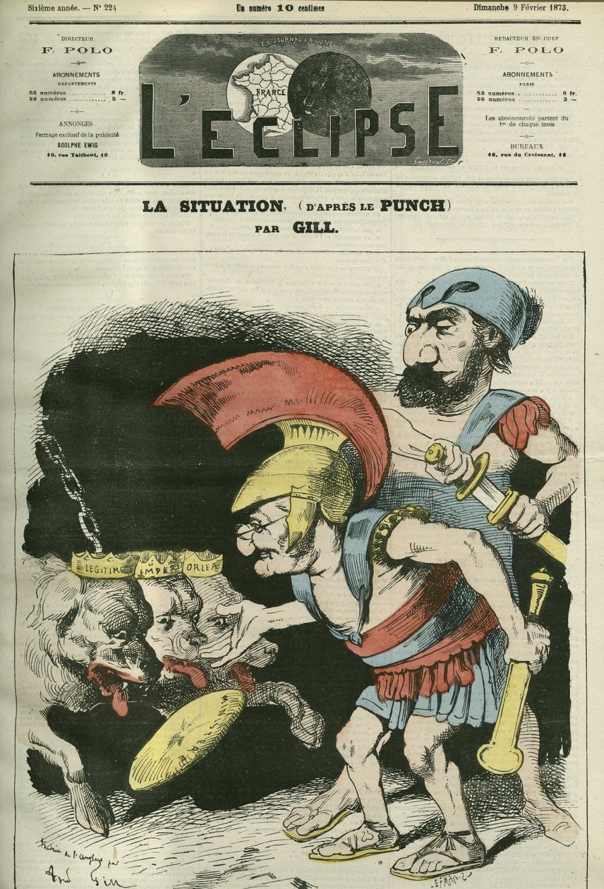 Die Situation, Karikatur von Adolphe Thiers (1797-1877) und Leon Gambetta (1838-1882), die einem Ministerium königliche und bonapartistische Hunde geben. Titelblatt in „L
