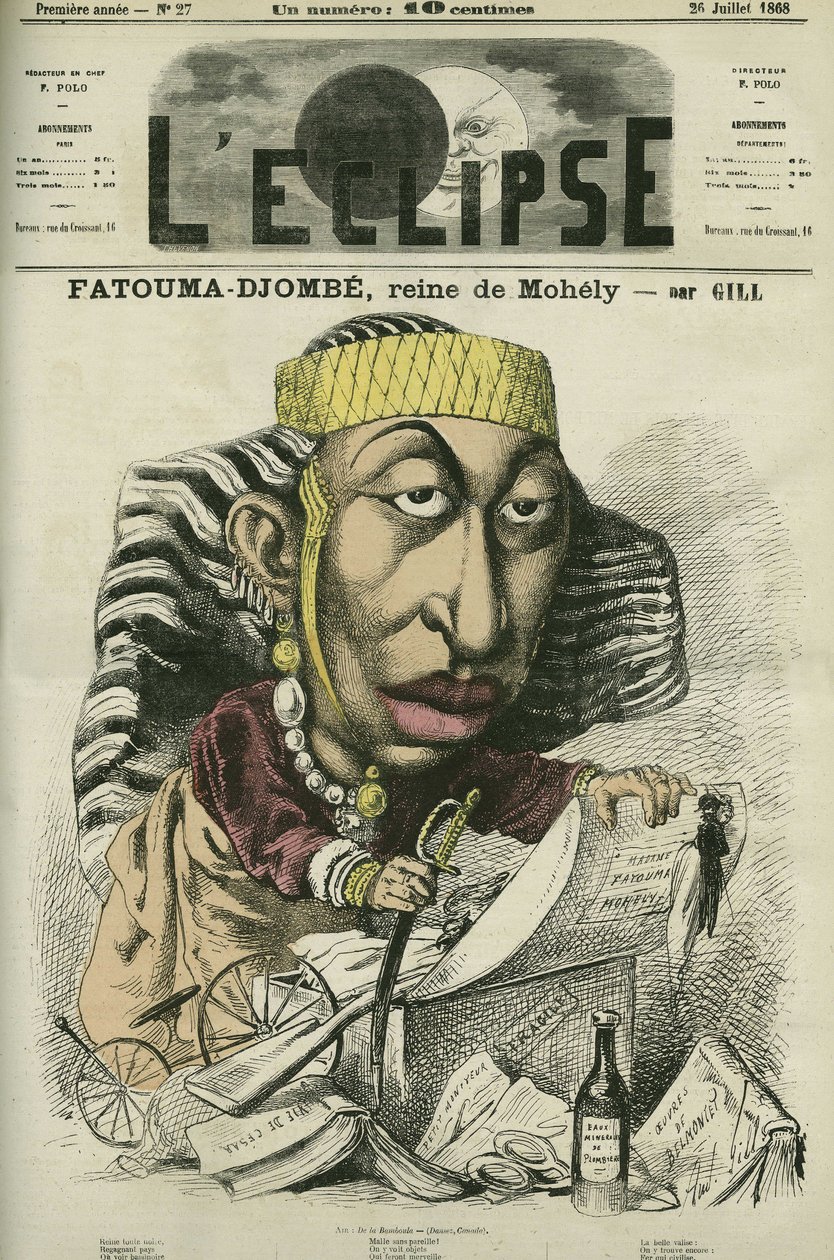 Zombe-Fatoum (Zombe Fatoum) (1836-1878), Königin von Moheli auf den Komoren, besucht Frankreich im Jahr 1868. Sie wird auch Djombe-Fatouma (Djombe-Fatouma) oder Jumbe Fatouma (Jumbe-Fatouma) oder Jumbe Fatima (Jumbe-Fatima) genannt. Titelbild in 