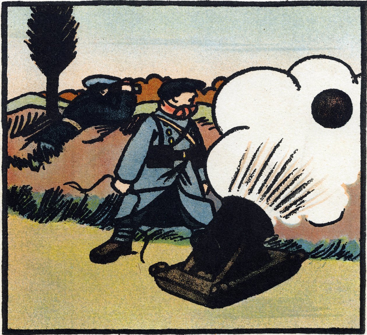 Erster Weltkrieg 1914-1918: Bombenwerfer. Ein französischer Soldat schießt Bomben auf den Feind mit einer Kanone. Gravur in 