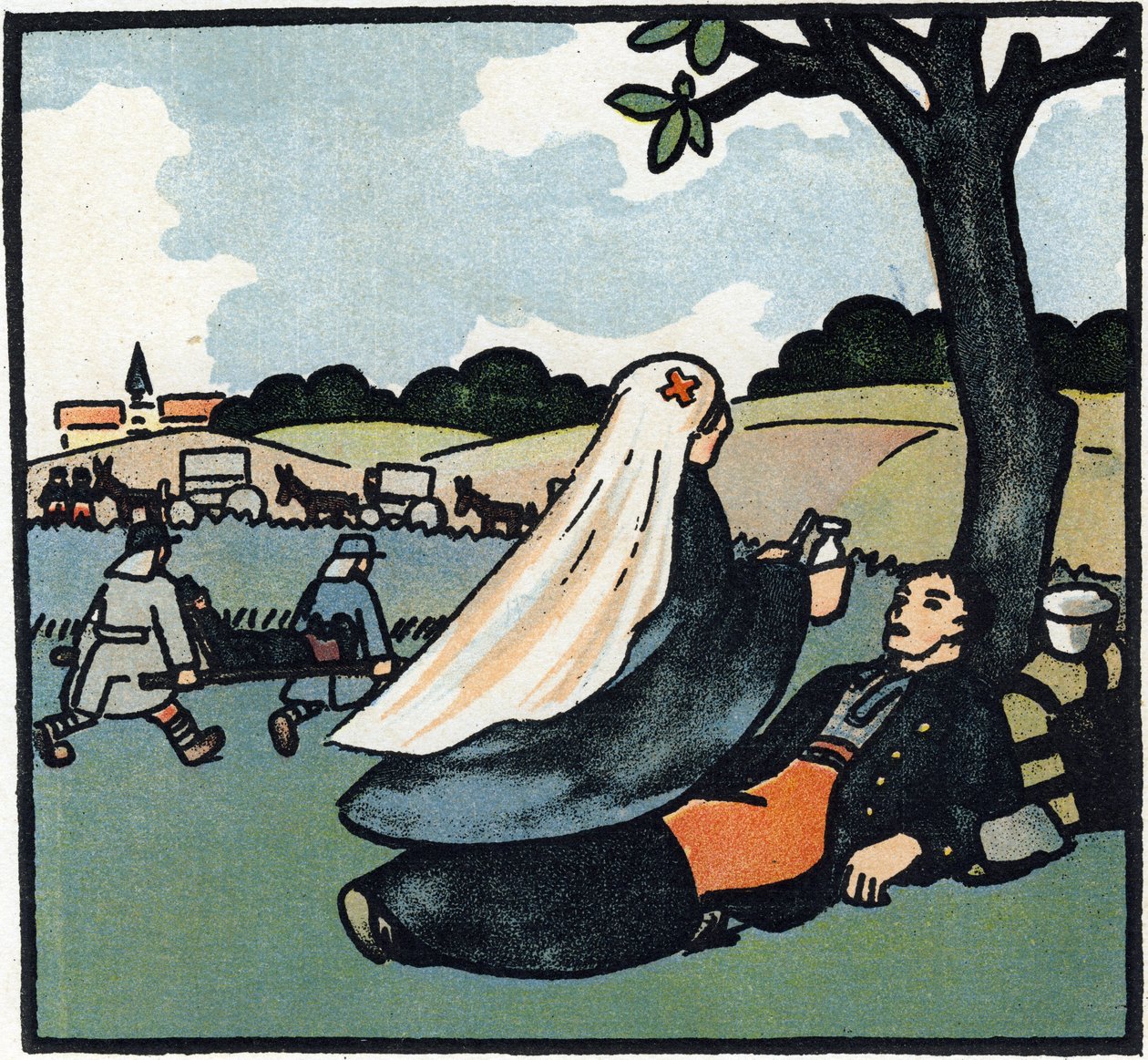 Erster Weltkrieg 1914-1918: Rote Kreuz Krankenschwester kommt, um sich um Soldaten bis zu den Schlachtfeldern zu kümmern. Gravur in 