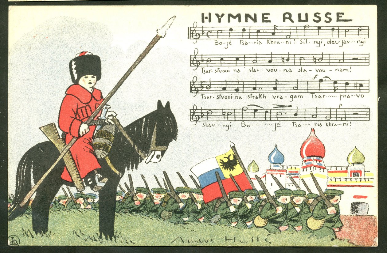 Postkarte, Satirisch in Farben: Russische Hymne - Krieg von 14-18, Russland, Gesang - Soldaten Illustration von Andre Helle (1875-1945) von Andre Helle