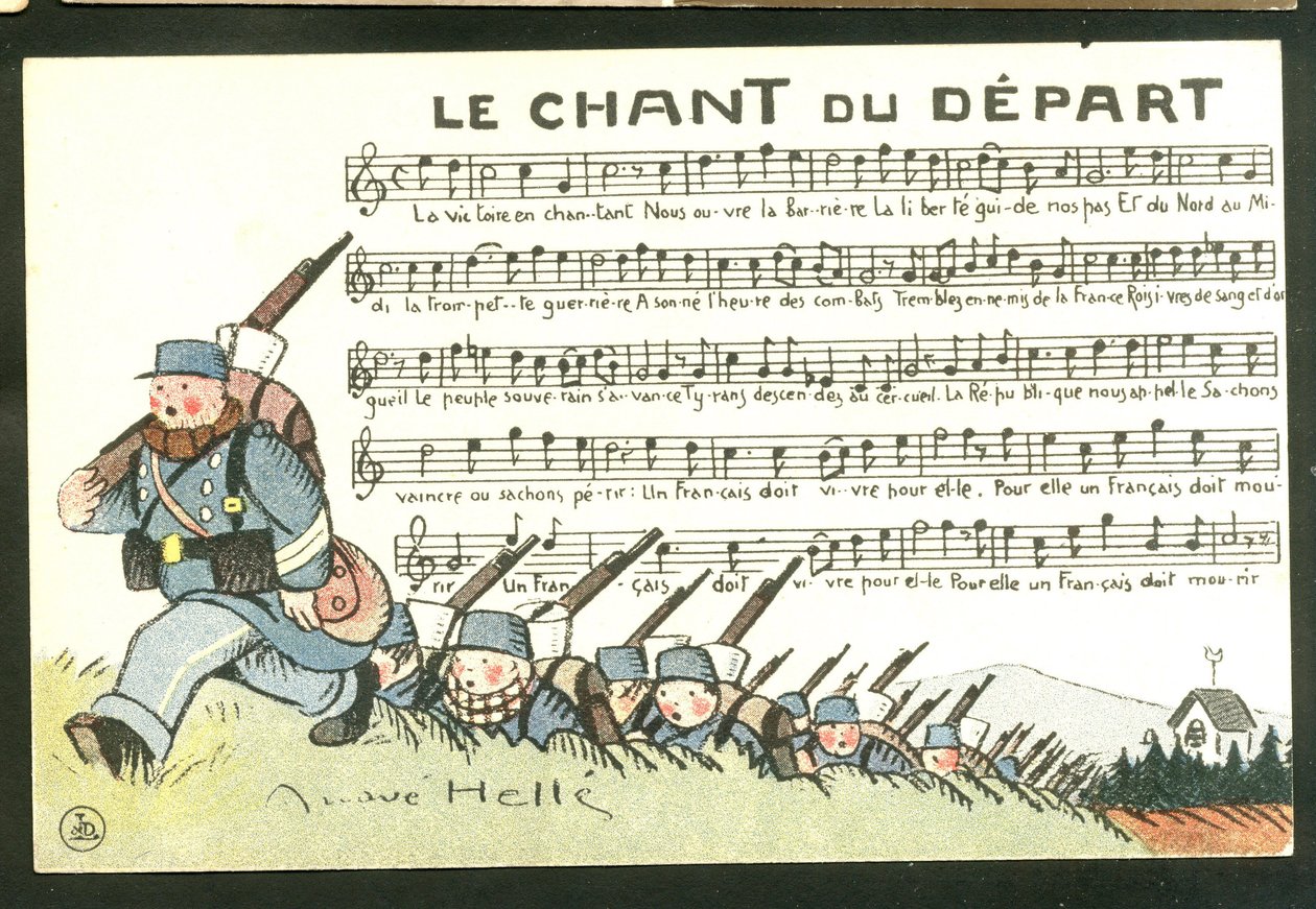 Postkarte, Satirisch in Farben: Das Lied des Abschieds - Krieg von 14-18, Illustration von Andre Helle (1875-1945) von Andre Helle