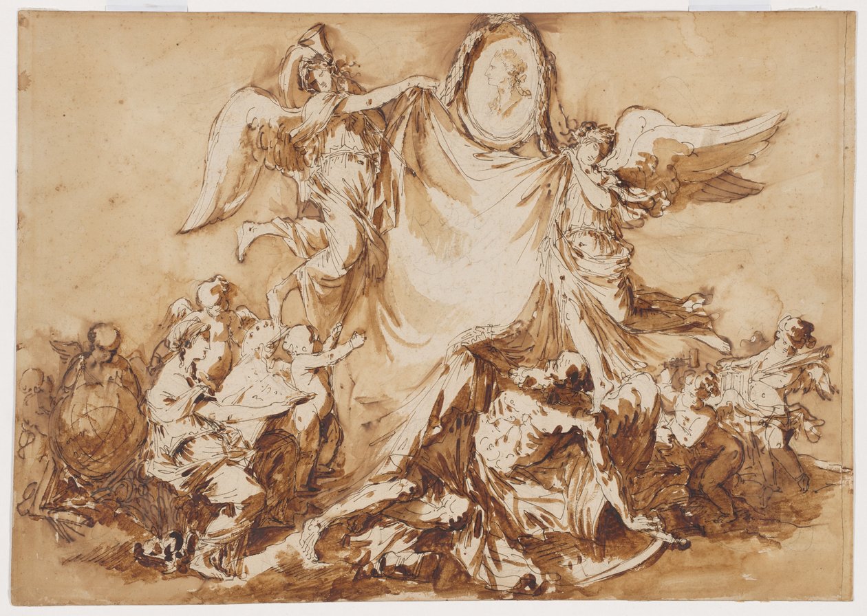 Eine Allegorie der Künste, die die Zeit besiegen, überragt von einem Medaillonporträt von König Stanislaus August von Polen als Kunstmäzen von Andre Jean Lebrun
