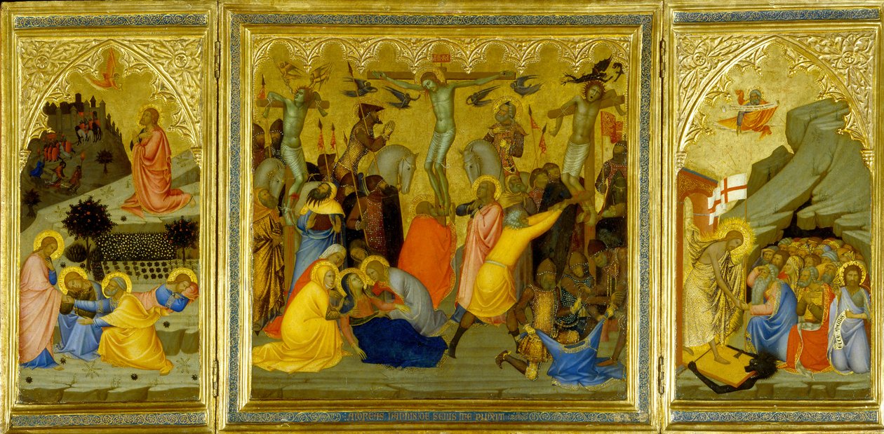 Ein Triptychon: Agonie im Garten, Die Kreuzigung und die Auferweckung der Patriarchen und Propheten von den Toten von Andrea Vanni