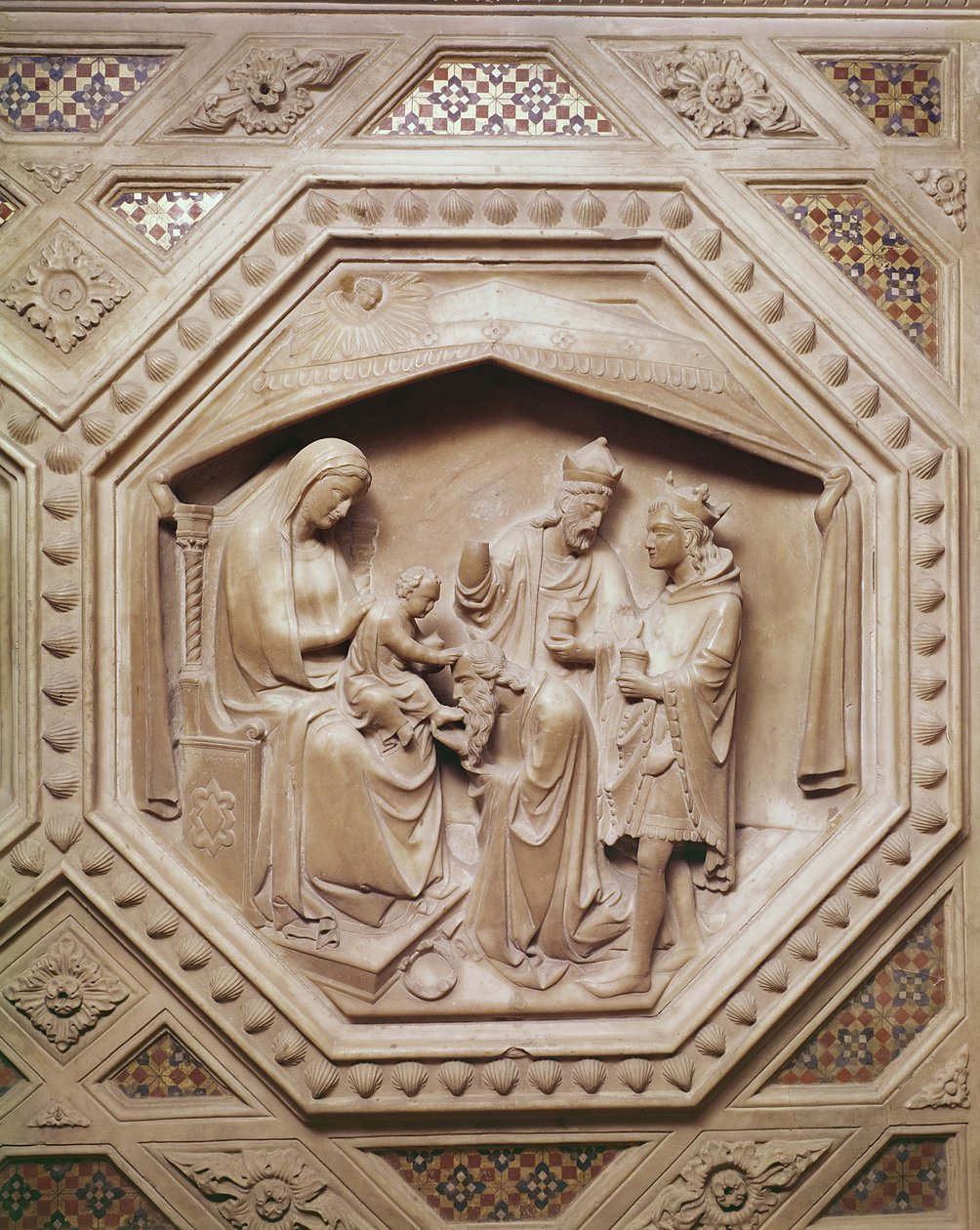 Die Anbetung der Könige, Detail vom Sockel des Tabernakels, 1349-59 von Andrea di Cione Orcagna