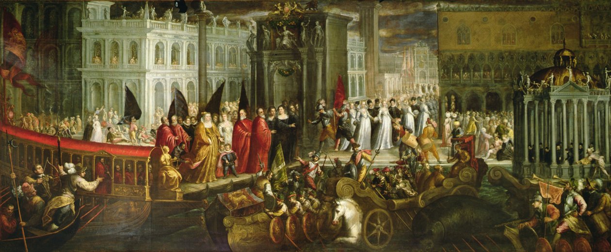 Ankunft der Dogaressa Morosina Morosini Grimani im Dogenpalast, Venedig, ca. 1600 von Andrea Vicentino