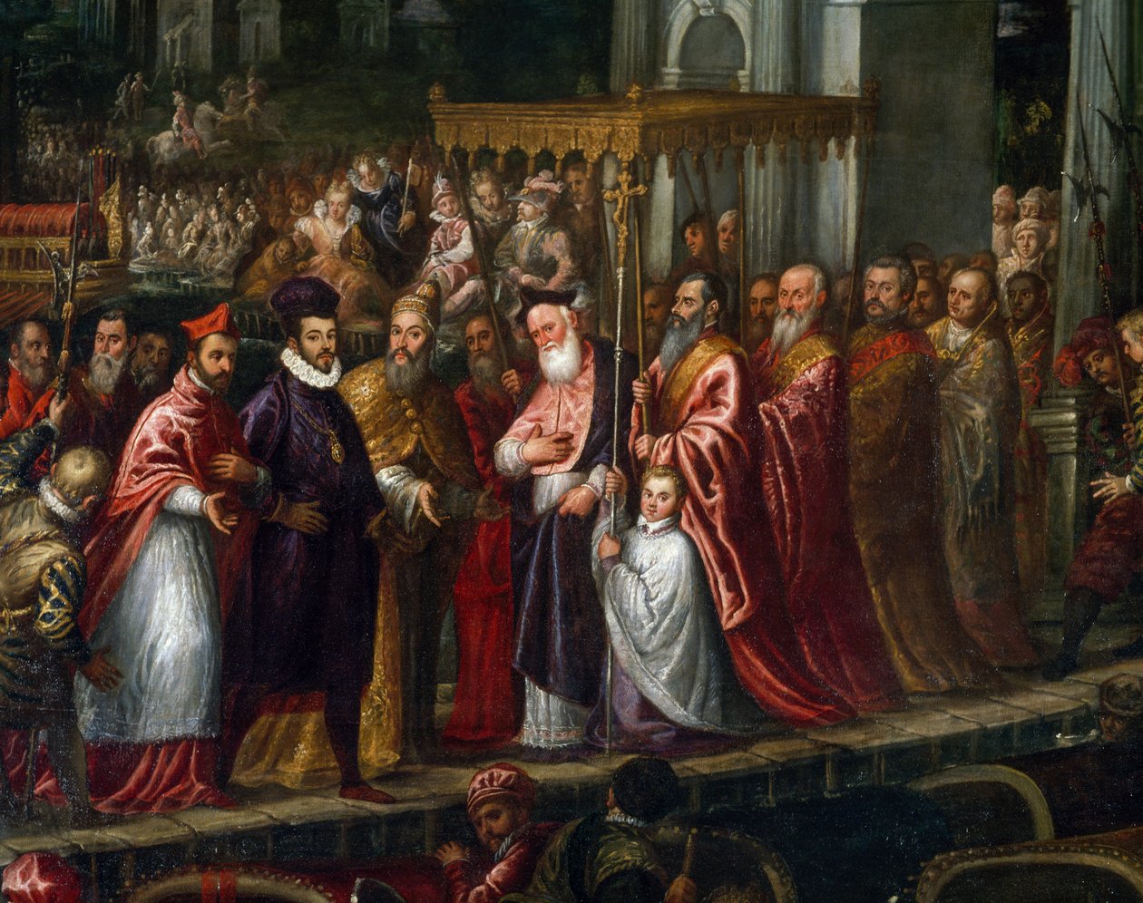 Doge Mocenigo und Patriarch Trevisan begrüßen Heinrich III. im Jahr 1574 am Lido von Andrea Vicentino