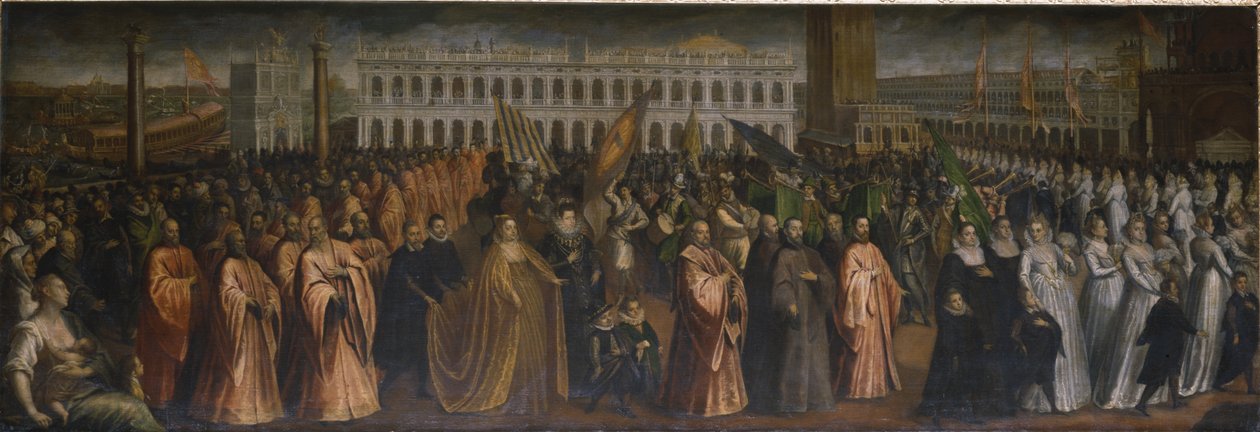 Die Dogaressa Marina Morosini-Grimani verlässt den Palazzo Grimani zu ihrer Krönung im Palazzo Ducale, Venedig von Andrea Vicentino