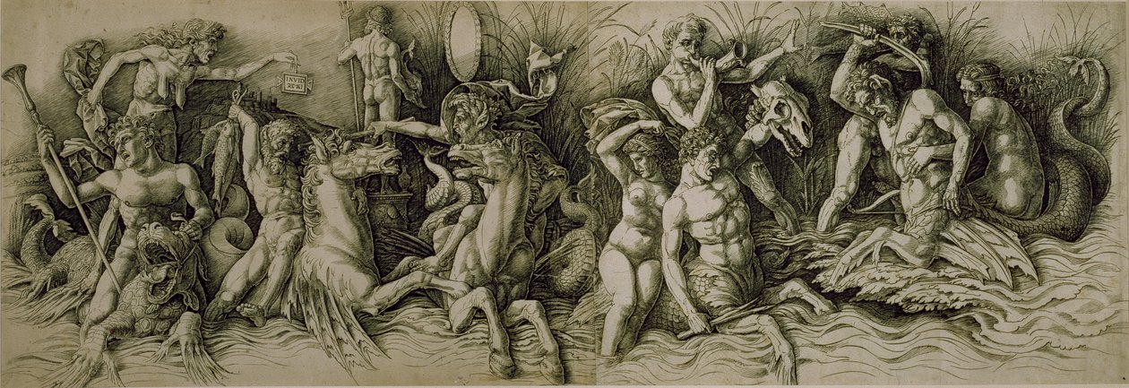 Schlacht der Meeresgötter (Feder & braune Tinte auf Papier) von Andrea (workshop of) Mantegna