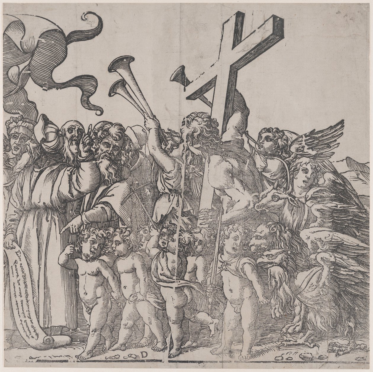 Abschnitt D: Engel, die Trompeten blasen usw., aus Der Triumph Christi, 1836 von Andrea Andreani