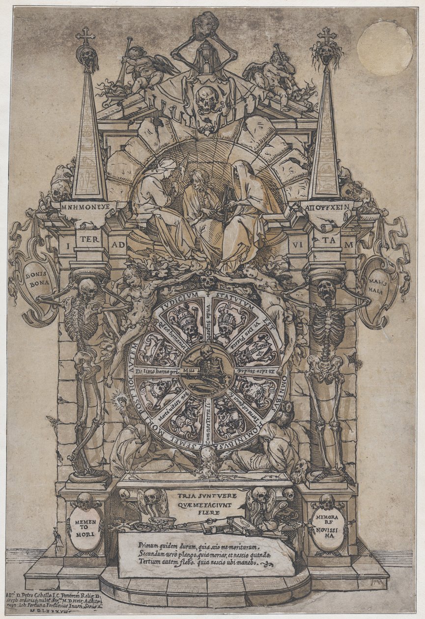 Triumph des Todes mit drei Schicksalsgöttinnen in einem architektonischen Rahmen über einem Glücksrad, 1588 von Andrea Andreani