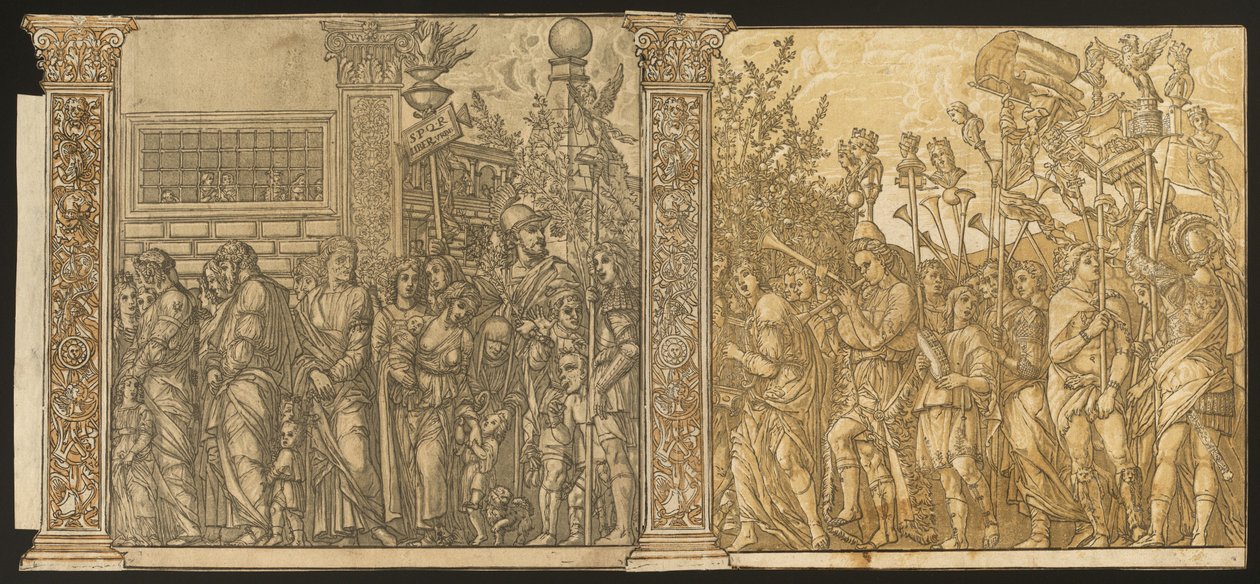 Der Triumph von Julius Caesar [Nr. 7 und 8 plus 2 Säulen] von Andrea Andreani after Andrea Mantegna