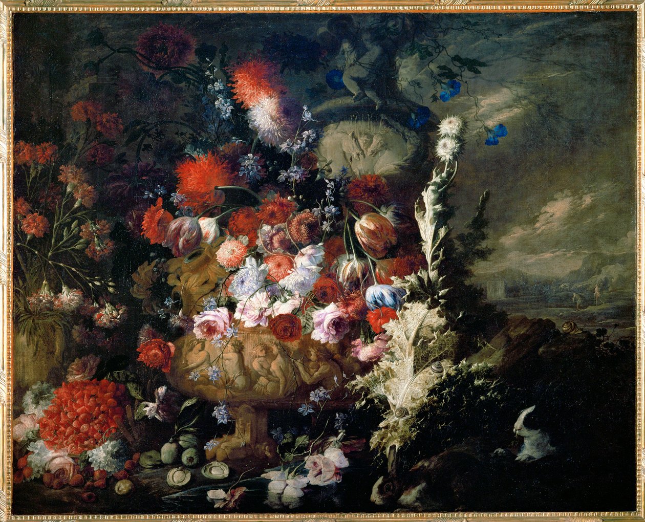 Vase de fleurs et fruits dans un paysage von Andrea Belvedere