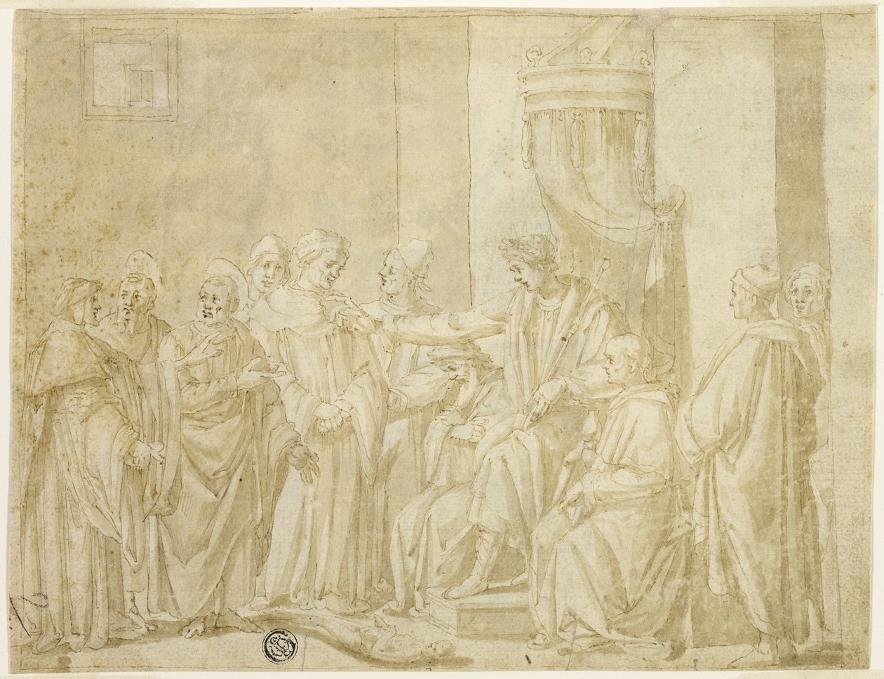 Die Apostel Petrus und Paulus streiten mit Simon Magus vor Nero (recto); Fünf Szenen aus der Geschichte von Moses (verso) von Andrea Boscoli