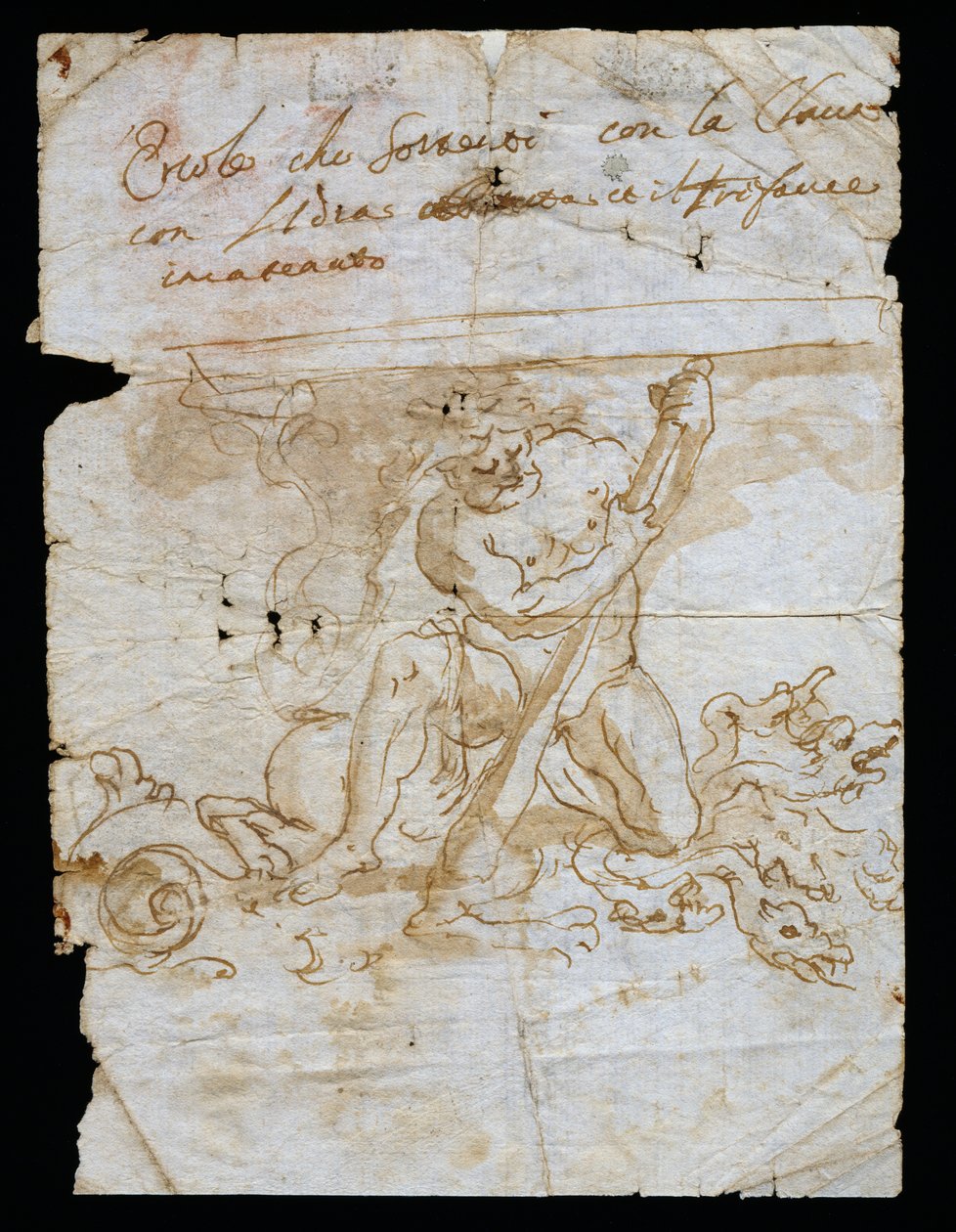Entwurfsskizze für einen Vasenständer, Basis darstellend Herkules mit Hydra und Cerberus, Andrea Brustolon (1662-1732), Aquarellstift auf weißem Papier, Italien von Andrea Brustolon