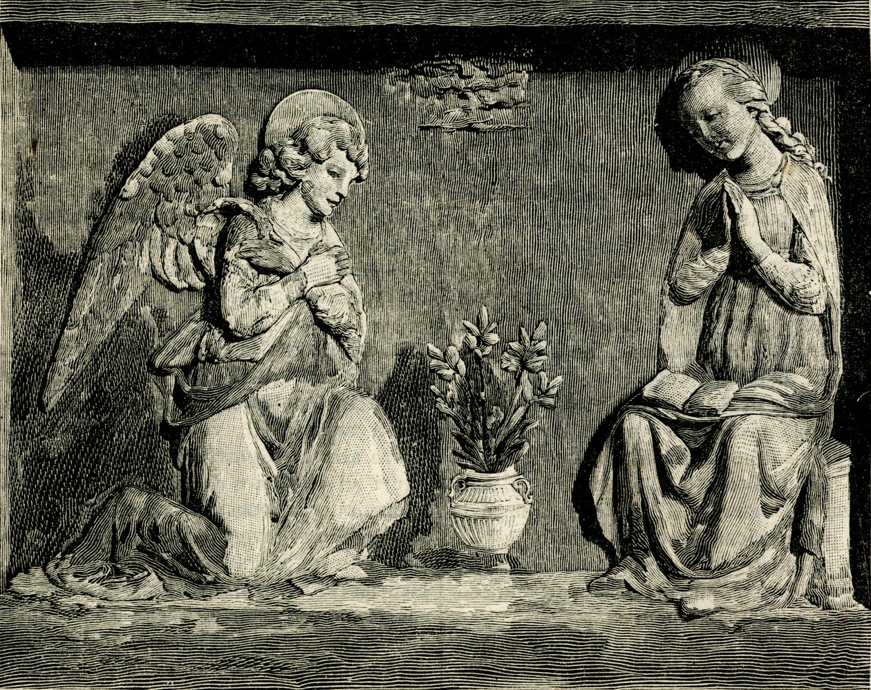 Verkündigung, von Andrea Della Robbia (1435-1525 oder 1528), Oratorium der Madonna del Buon Consiglio, Prato, Toskana, Italien, Holzschnitt aus Le cento città d