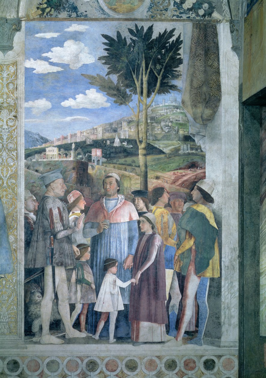 Ankunft von Kardinal Francesco Gonzaga, begrüßt von seinem Vater Marchese Ludovico Gonzaga III und seinen Brüdern, aus der Camera degli Sposi oder Camera Picta (Detail) von Andrea Mantegna