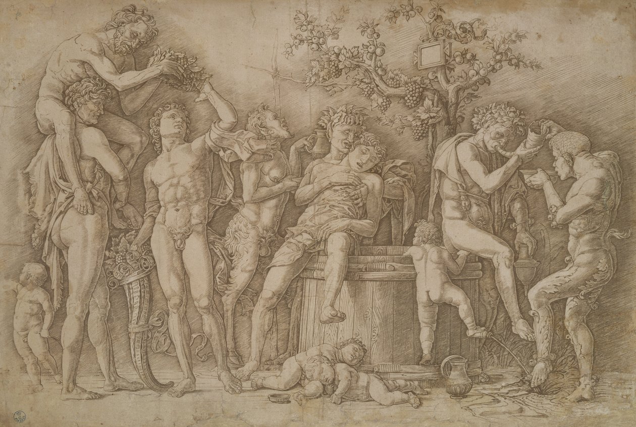 Bacchanal mit dem Weinfass, 1470-90 von Andrea Mantegna