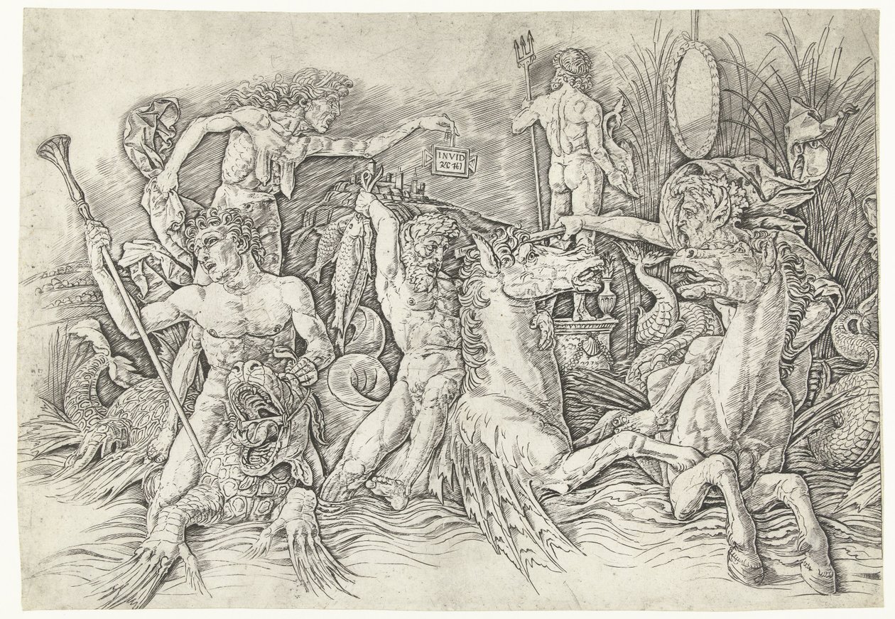 Kampf zwischen Satyrn auf Hippokampen und alter Frau als Personifikation des Neids auf dem Rücken eines Drachen von Andrea Mantegna