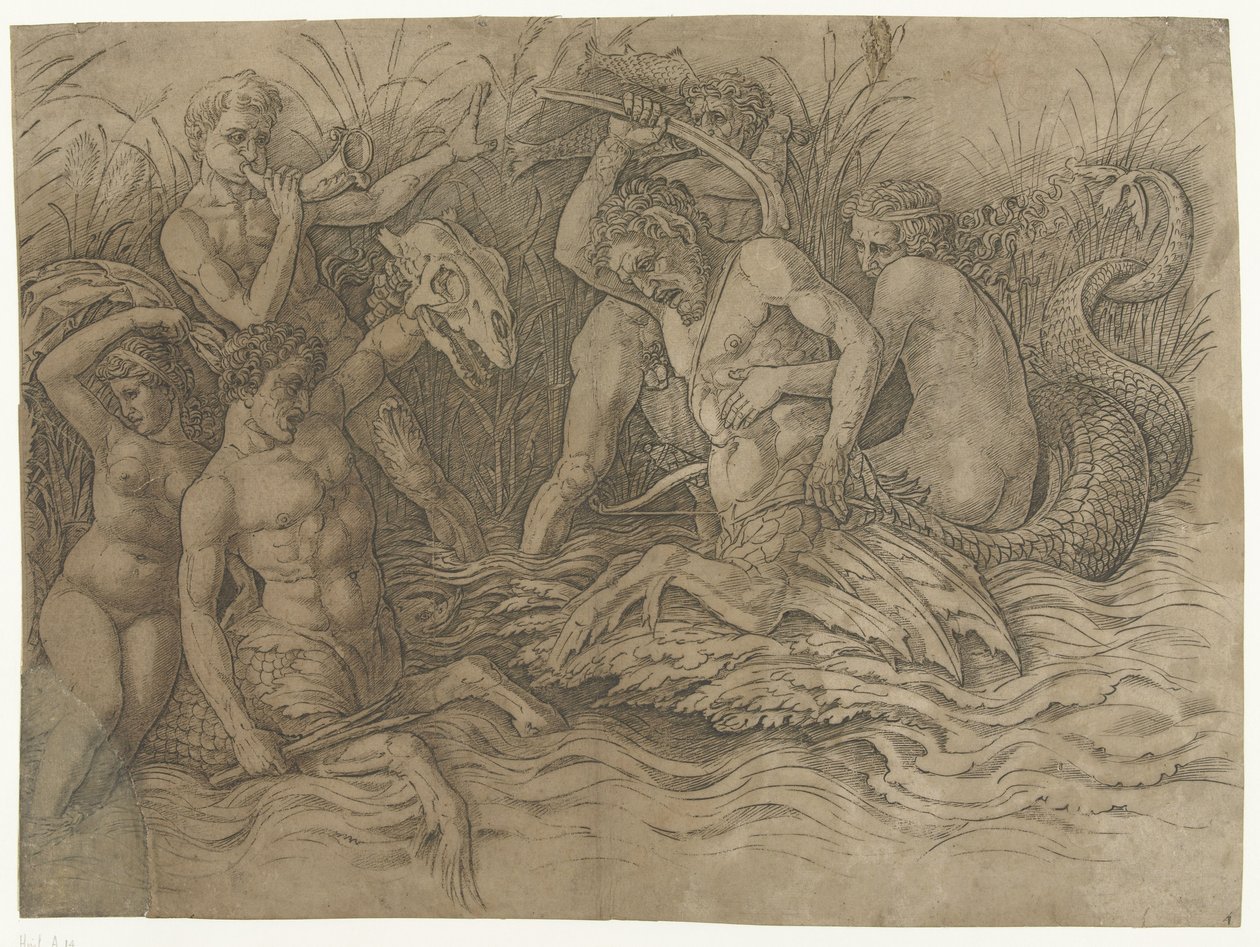 Kampf zwischen Tritonen mit Nereiden auf ihren Rücken von Andrea Mantegna
