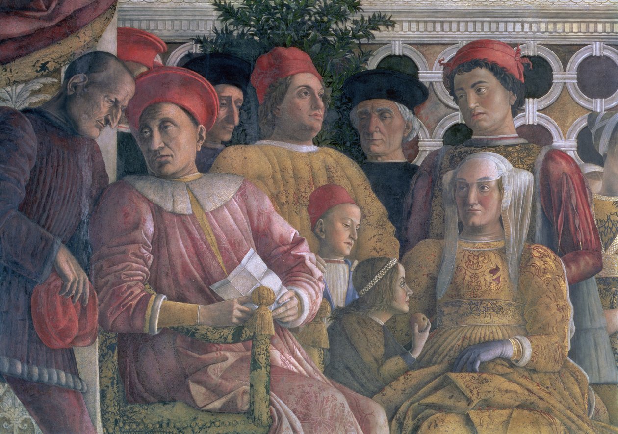 Marchese Ludovico Gonzaga III von Mantua, seine Frau Barbara von Brandenburg, Kinder und Höflinge, aus der Camera degli Sposi oder Camera Picta (Detail) von Andrea Mantegna