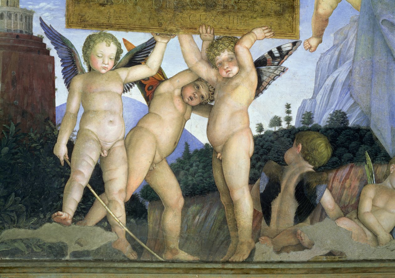 Putti mit Schmetterlingsflügeln, die die Widmungstafel tragen, aus der Camera degli Sposi oder Camera Picta (Detail) von Andrea Mantegna