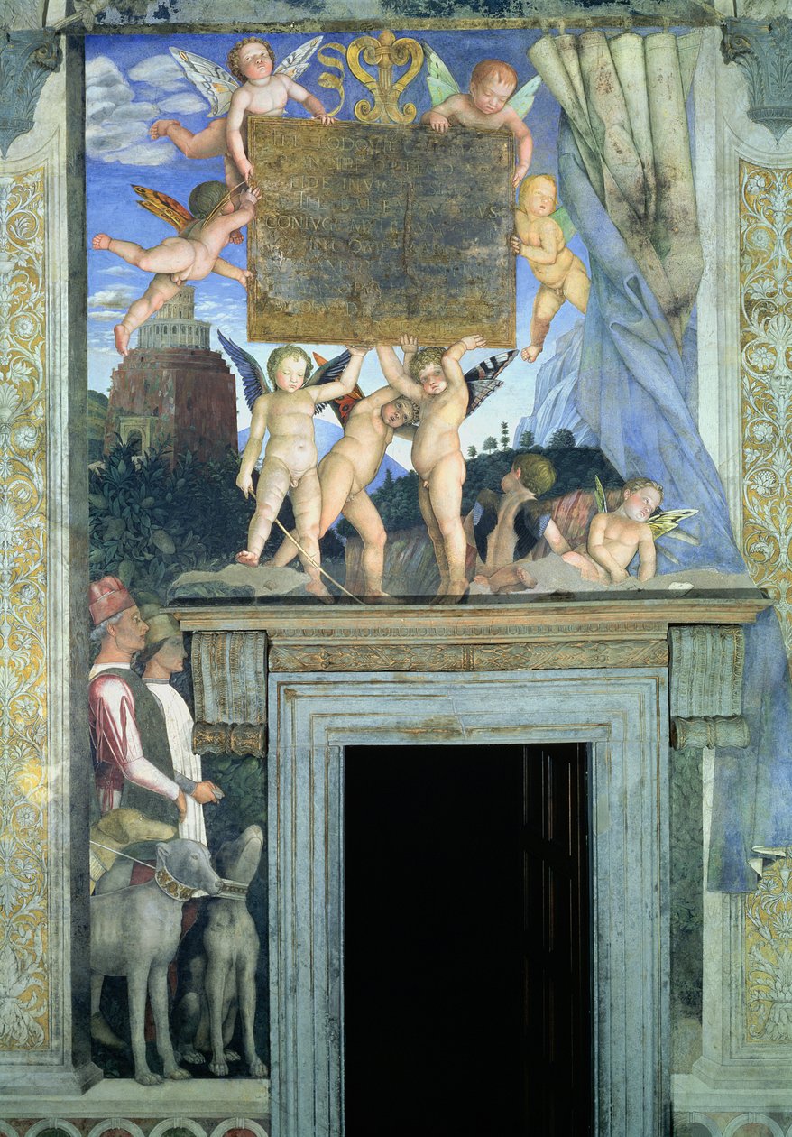 Putti mit Schmetterlingsflügeln, die die Widmungstafel tragen, mit Jagdhunden und ihren Führern darunter, aus der Camera degli Sposi oder Camera Picta (Detail) von Andrea Mantegna