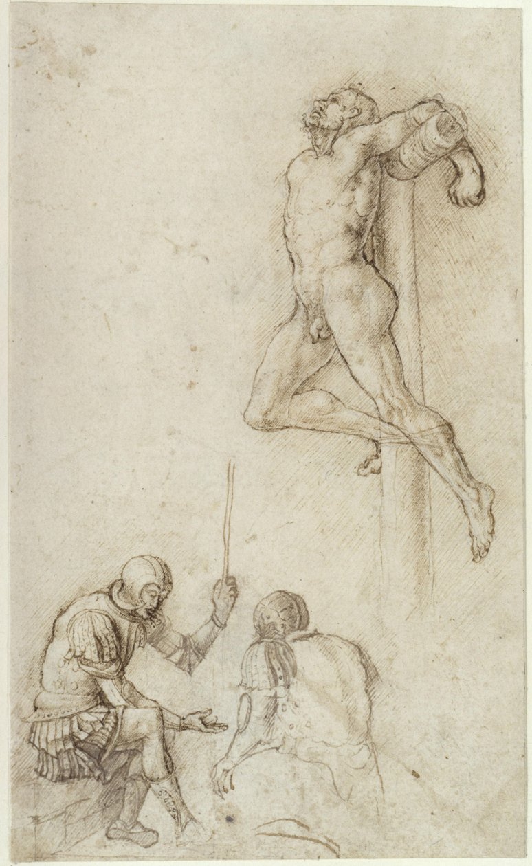 Schächer am Kreuz, darunter zwei Soldaten von Andrea Mantegna
