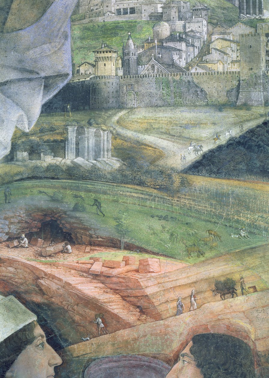 Die Ankunft von Kardinal Francesco Gonzaga; Marmorbrucharbeiten und eine idealisierte Ansicht von Rom, aus der Camera degli Sposi oder Camera Picta (Detail) von Andrea Mantegna