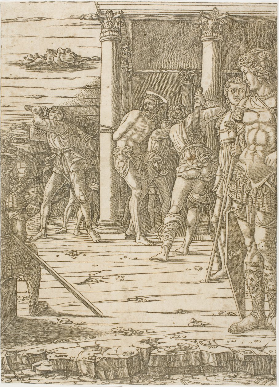 Die Geißelung Christi, mit Landschaftshintergrund von Andrea Mantegna