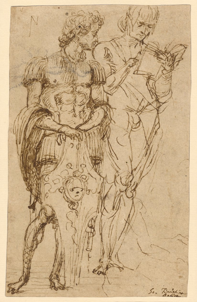 Zwei stehende männliche Figuren (recto); Ein liegender Mann und andere Studien (verso) von Andrea Mantegna