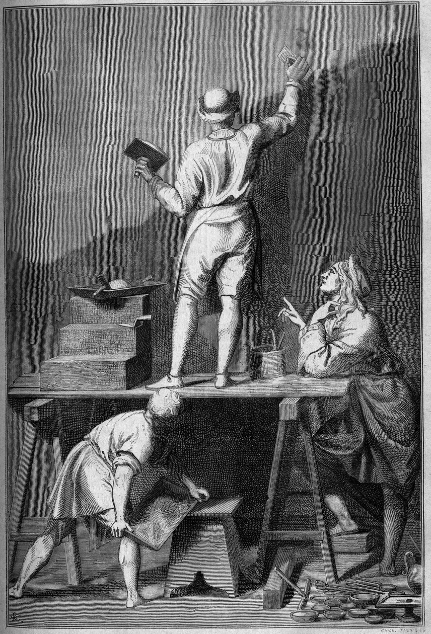 Vorbereitung des Gipses für eine Freskomalerei (Affresco). Zeichnung von Chevignard nach Andrea Pozzo von Andrea Pozzo