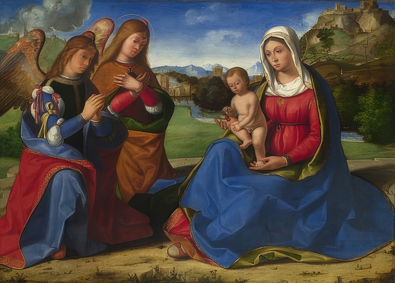 Madonna mit Kind, angebetet von zwei Engeln von Andrea Previtali